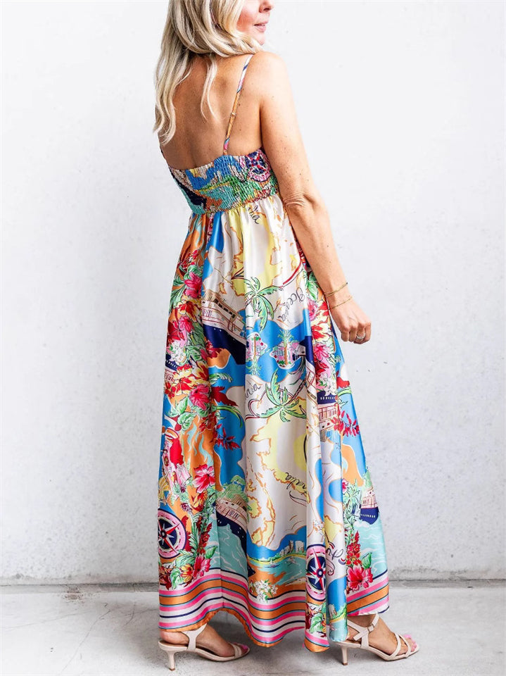 Ladies' Comfy Holiday Style Beach Printed Big Hem Strap Dress