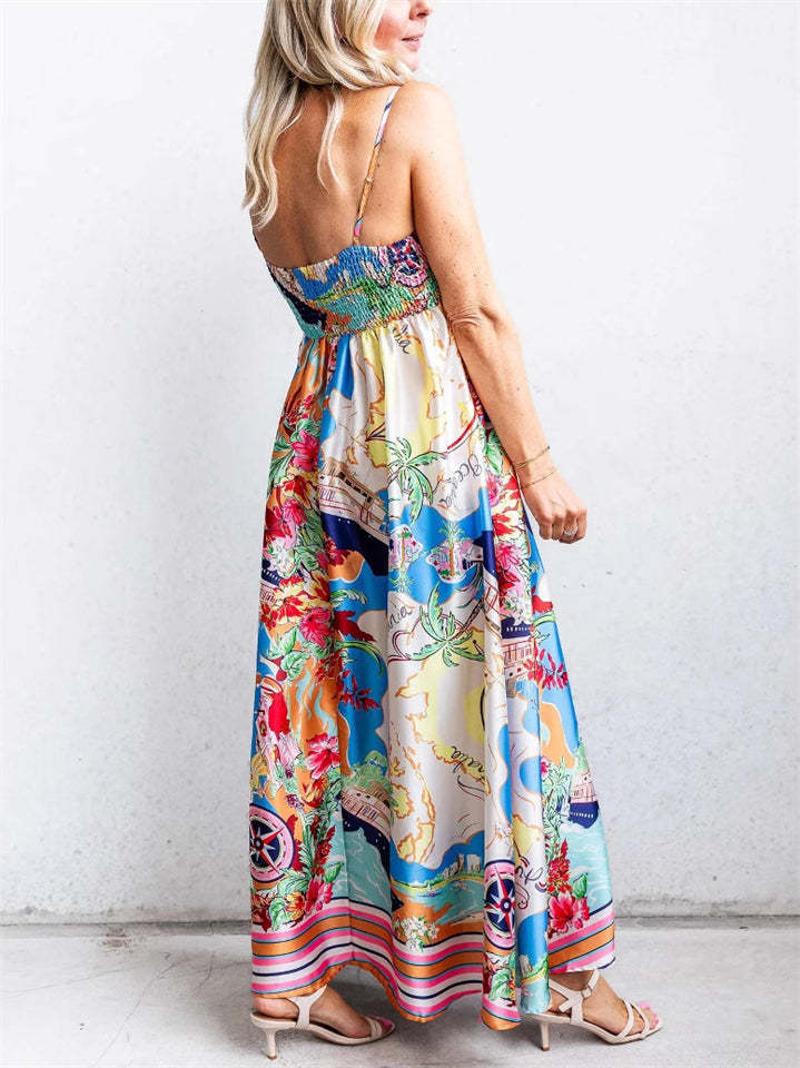 Ladies' Comfy Holiday Style Beach Printed Big Hem Strap Dress