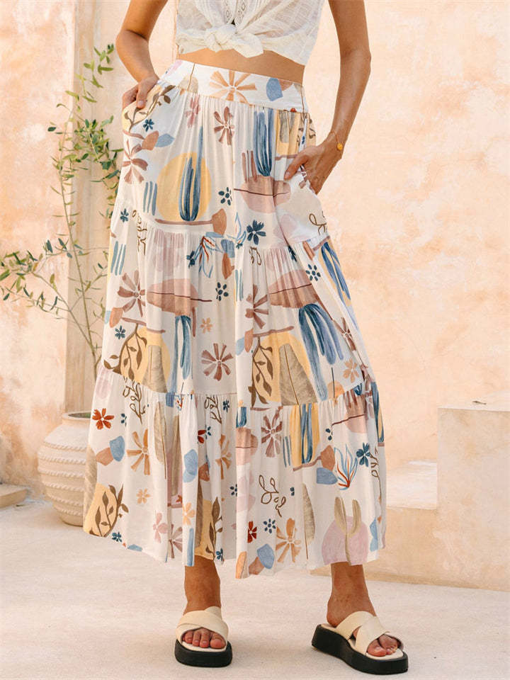 Simple Holiday Style Print Pockets A-Line Beach Skirts for Women