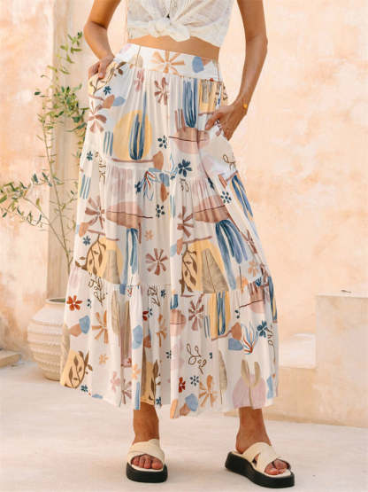 Simple Holiday Style Print Pockets A-Line Beach Skirts for Women