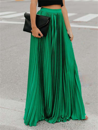Women's Solid Color Mid-waist Pleated Big Hem A-Line Skirts