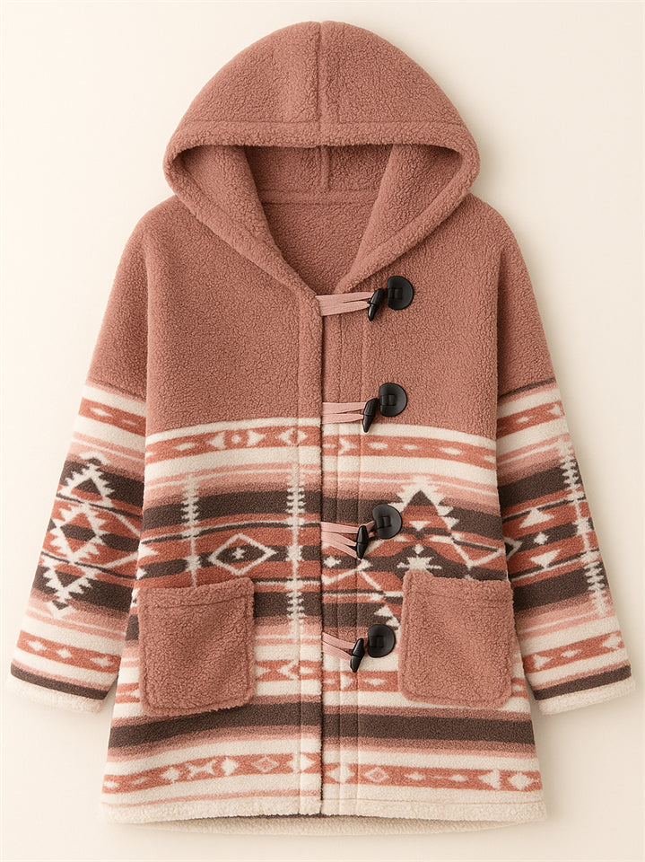 Female's Autumn Contrast Color Printed Patchwork Hooded Fleece Coats
