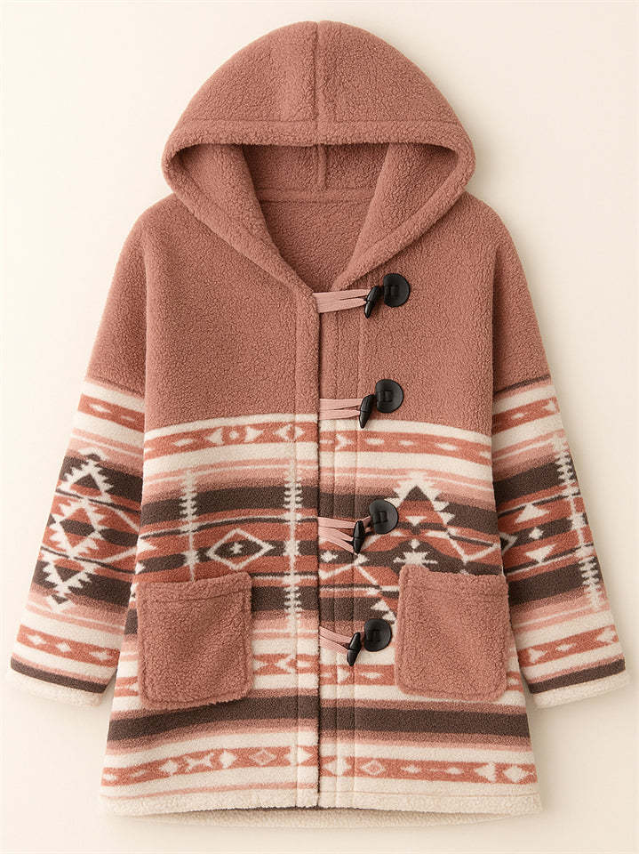 Female's Autumn Contrast Color Printed Patchwork Hooded Fleece Coats
