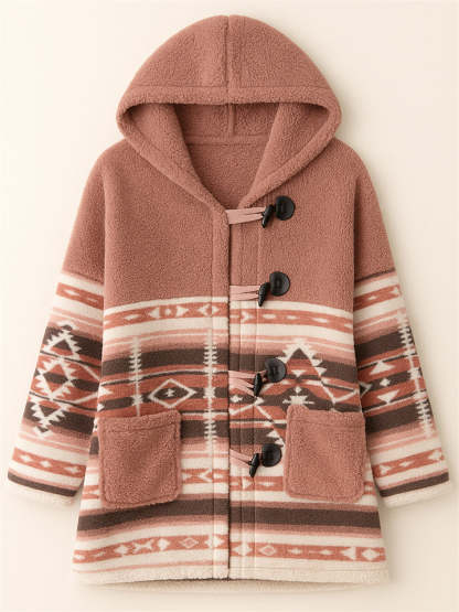 Female's Autumn Contrast Color Printed Patchwork Hooded Fleece Coats
