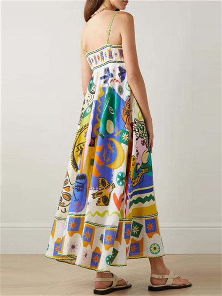 Women's Vacation Style Vogue Painting Pattern Strappy Dress