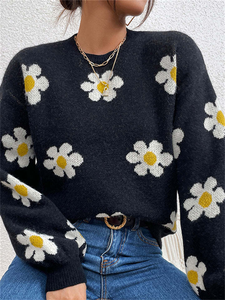 Women's Trendy Floral Printed Round Neck Puff Sleeve Sweaters