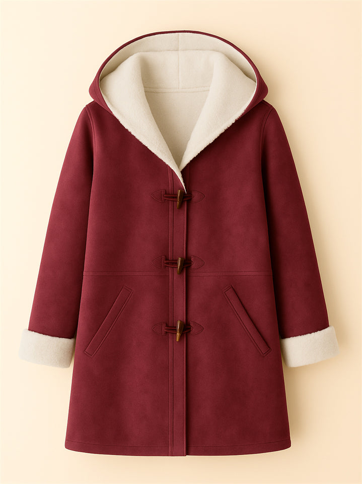 Autumn Simple Solid Color Fleece Lining Horn Buckle Hooded Coats