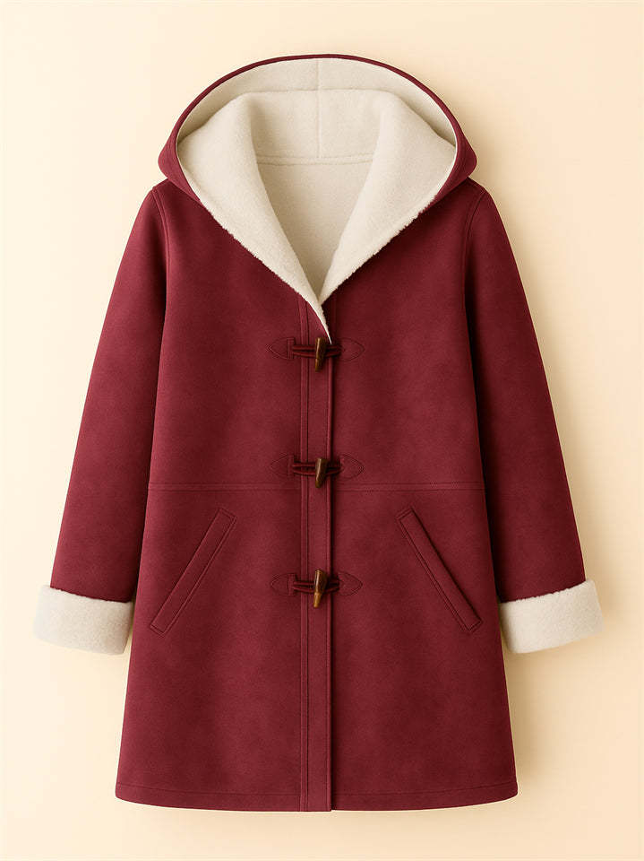 Autumn Simple Solid Color Fleece Lining Horn Buckle Hooded Coats