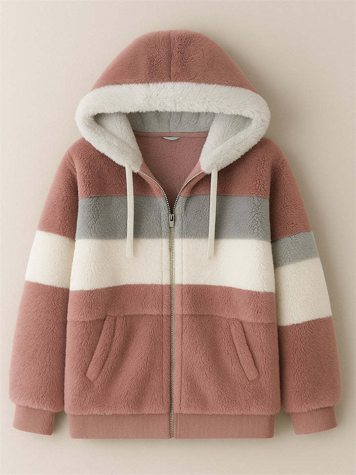 Women's Winter Color Block Cozy Faux Fur Fleece Zip Up Hooded Coat
