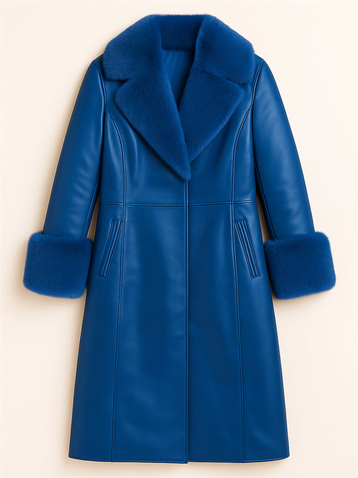 Women's Vintage Faux Fur Collar Glossy PU Leather Mid-Length Coats