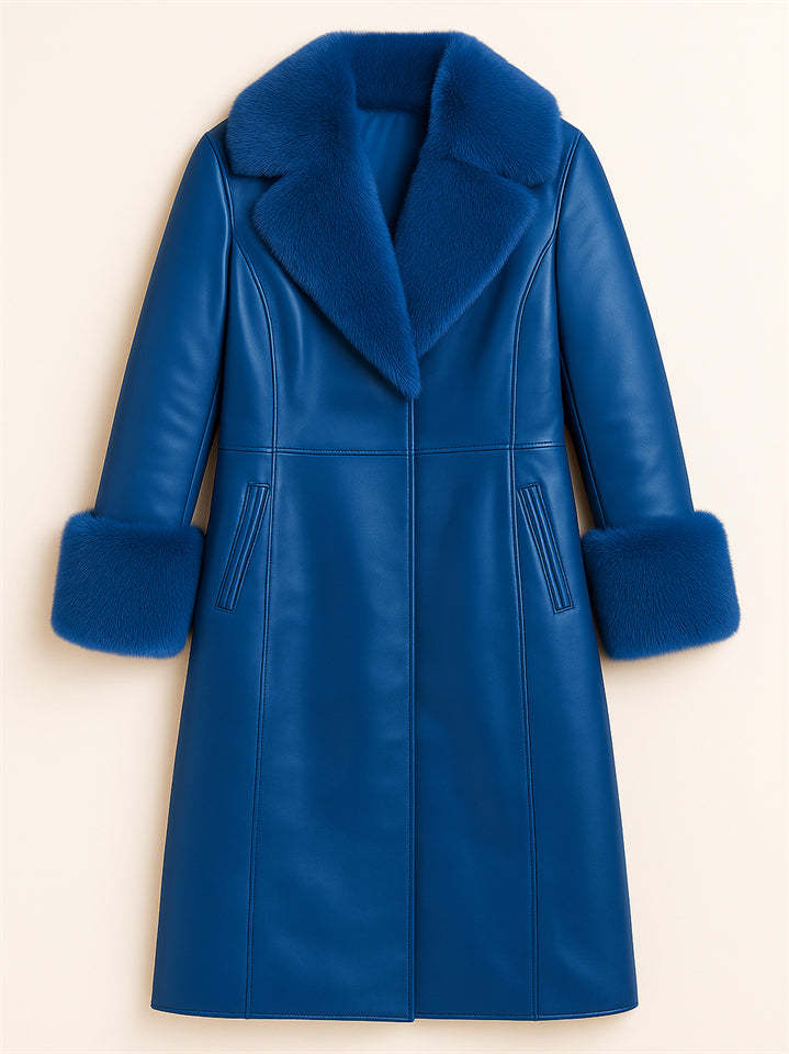 Women's Vintage Faux Fur Collar Glossy PU Leather Mid-Length Coats