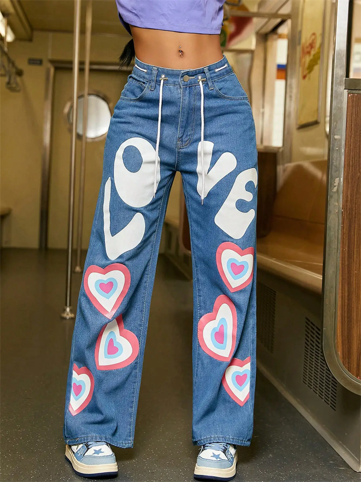 Women's Cute LOVE Heart Print Drawstring Straight Leg Jeans