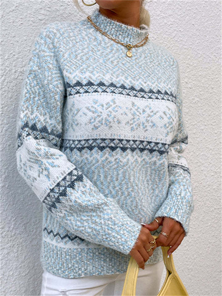 Autumn Casual Semi-high Neck Snowflakes Contrast Color Sweaters