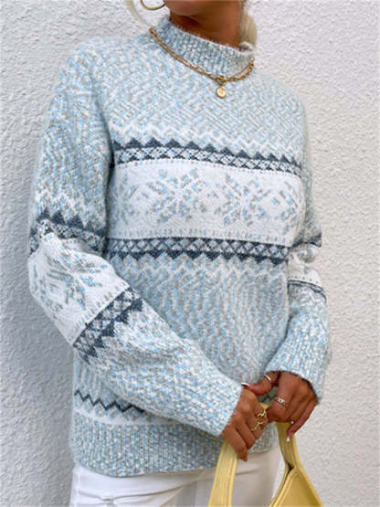 Autumn Casual Semi-high Neck Snowflakes Contrast Color Sweaters