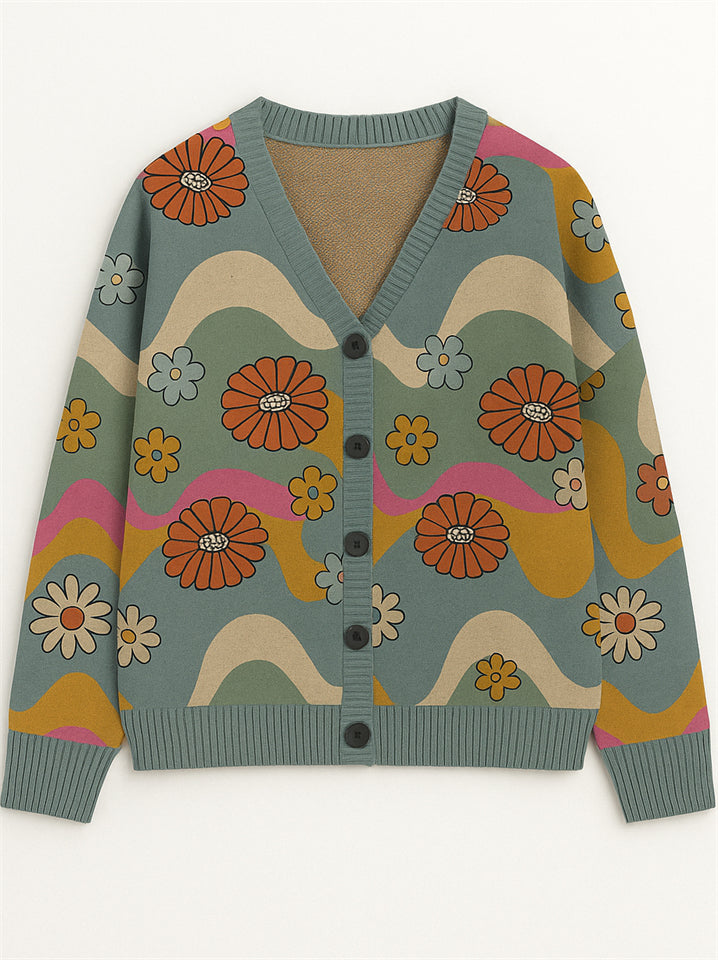 Casual Flowers Print Button Up Cardigan Sweaters for Women