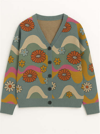 Casual Flowers Print Button Up Cardigan Sweaters for Women