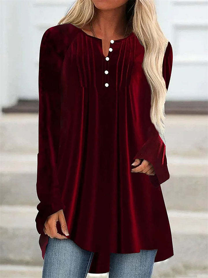 Women's Solid Color Velvet Pleated Asymmetrical Hem Long Sleeve Shirts