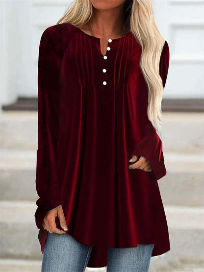 Women's Solid Color Velvet Pleated Asymmetrical Hem Long Sleeve Shirts