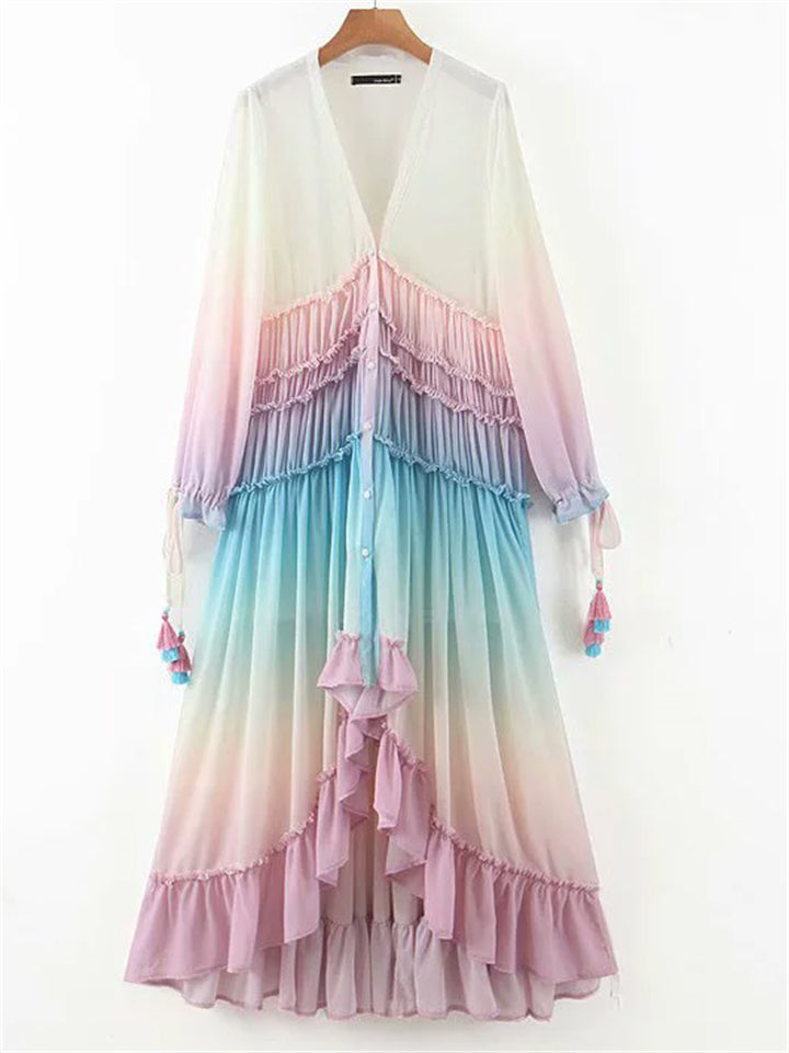 Women's Holiday Style V-Neck Gradient Color Elegant Maxi Dress