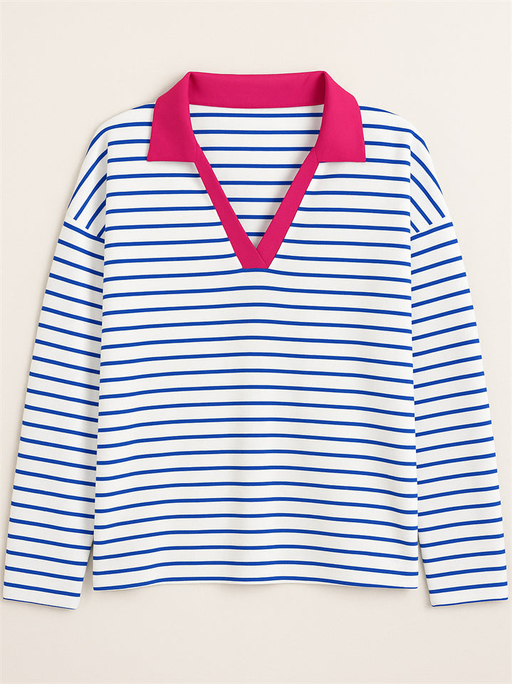 Women's Stripe Contrast Color V Neck Pullover Long Sleeve Shirts