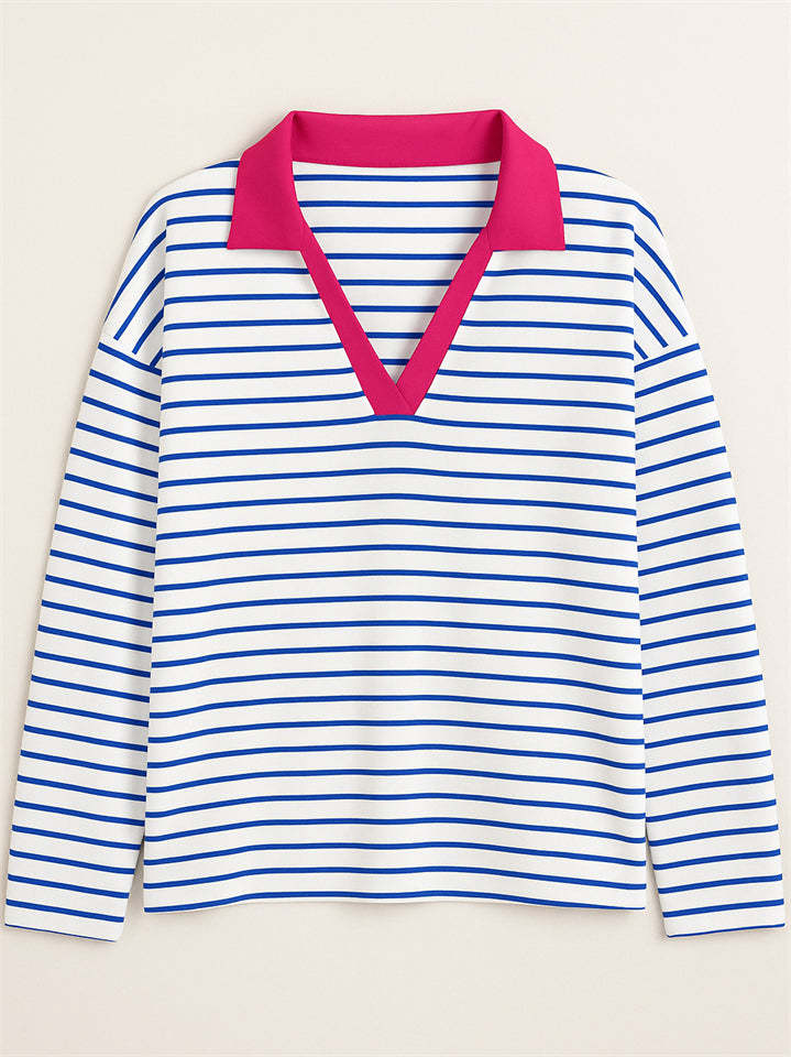 Women's Stripe Contrast Color V Neck Pullover Long Sleeve Shirts