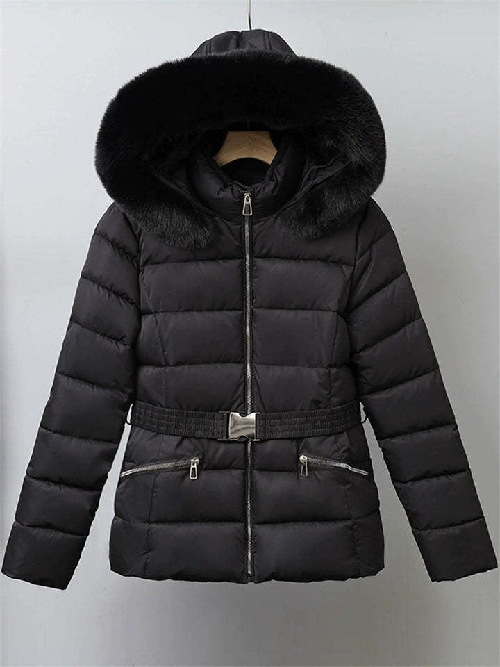 Winter Solid Color Belted Fleeced Coat with Faux Fur Collar