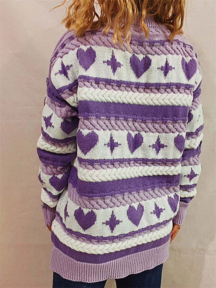Cute Heart Shape Pattern Striped Pullover Long Sleeve Sweaters for Women