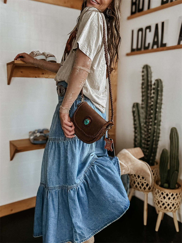 Women Bohemian Style A-line Button Front Denim Tiered Skirt