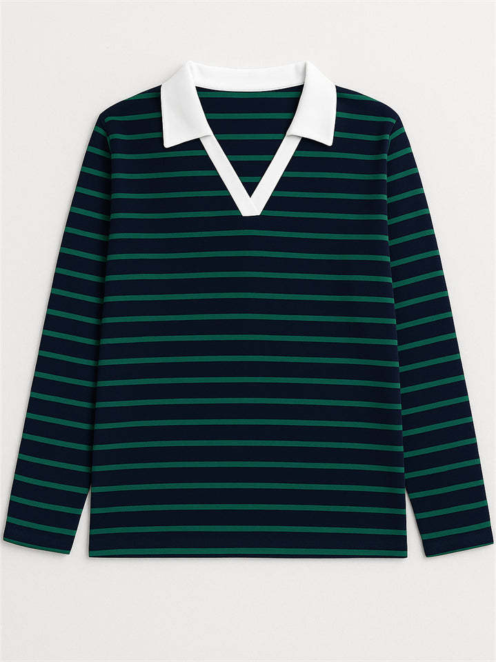Women's Stripe Contrast Color V Neck Pullover Long Sleeve Shirts