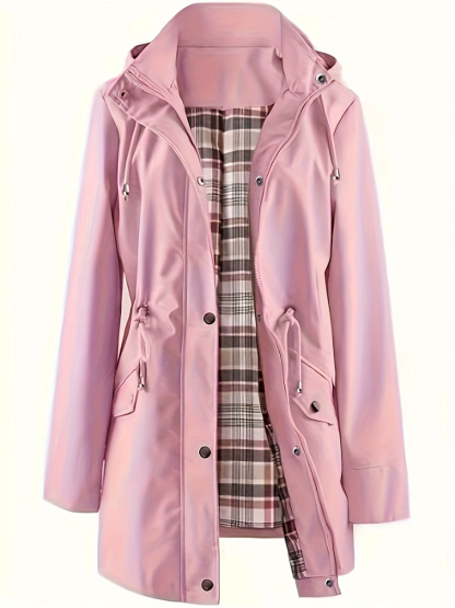 Women's Outdoor Casual Plaid Lining Trench Coat with Detachable Hood