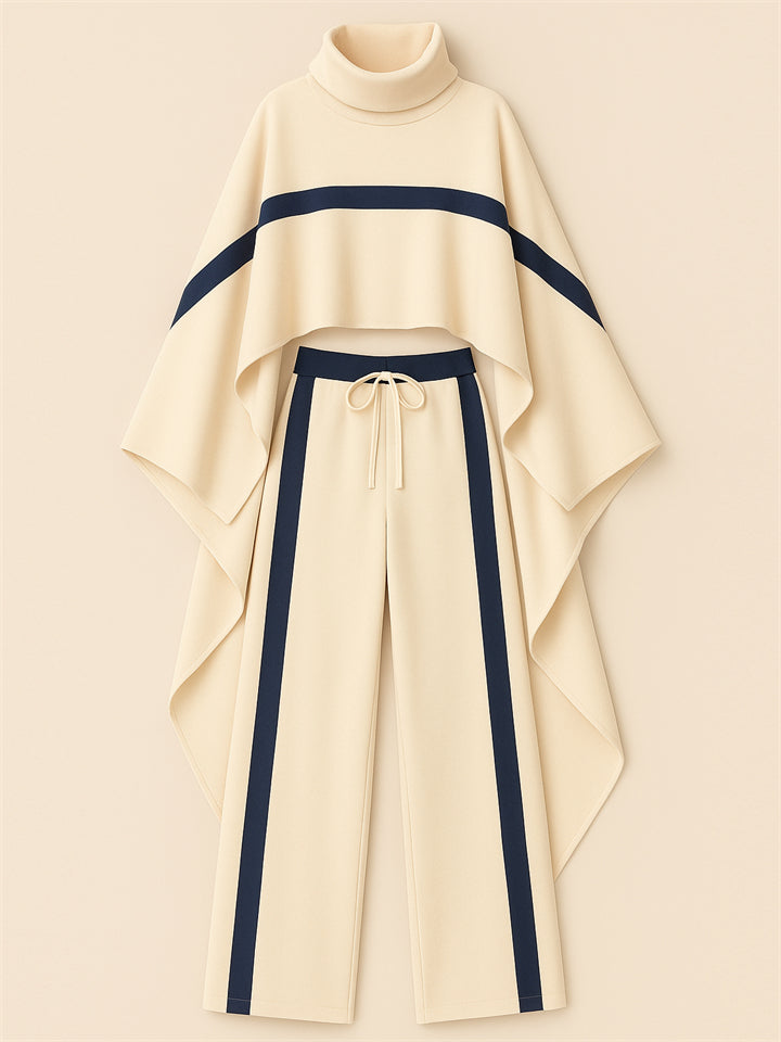 Ladies' Trendy Turtleneck Raglan Sleeves Striped Color Block Cape and Pants Set