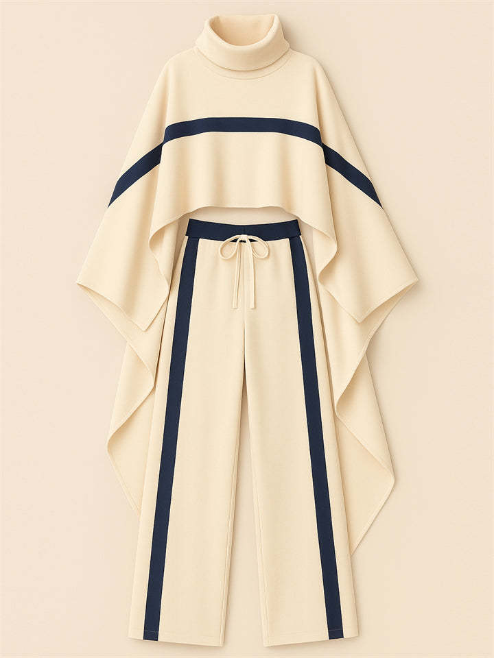 Ladies' Trendy Turtleneck Raglan Sleeves Striped Color Block Cape and Pants Set
