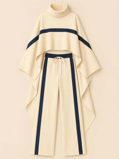 Ladies' Trendy Turtleneck Raglan Sleeves Striped Color Block Cape and Pants Set