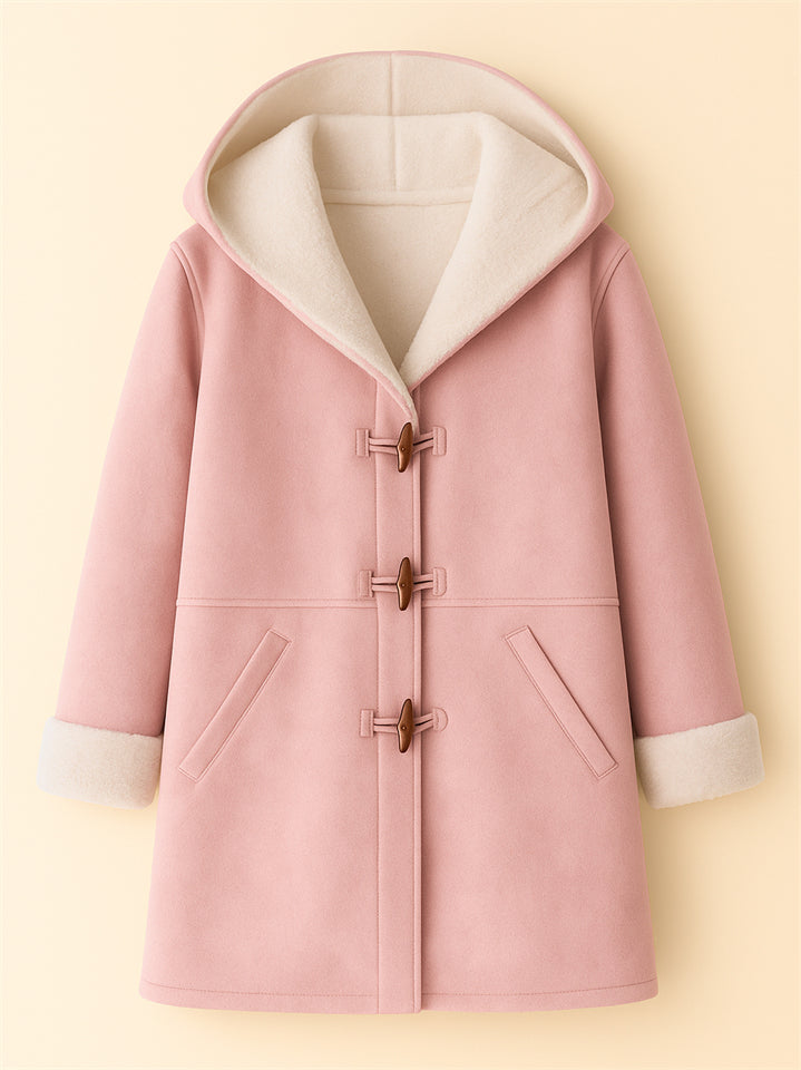 Autumn Simple Solid Color Fleece Lining Horn Buckle Hooded Coats