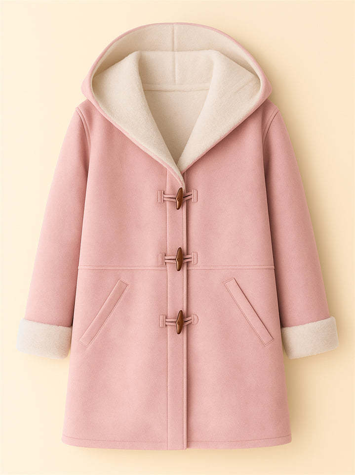 Autumn Simple Solid Color Fleece Lining Horn Buckle Hooded Coats