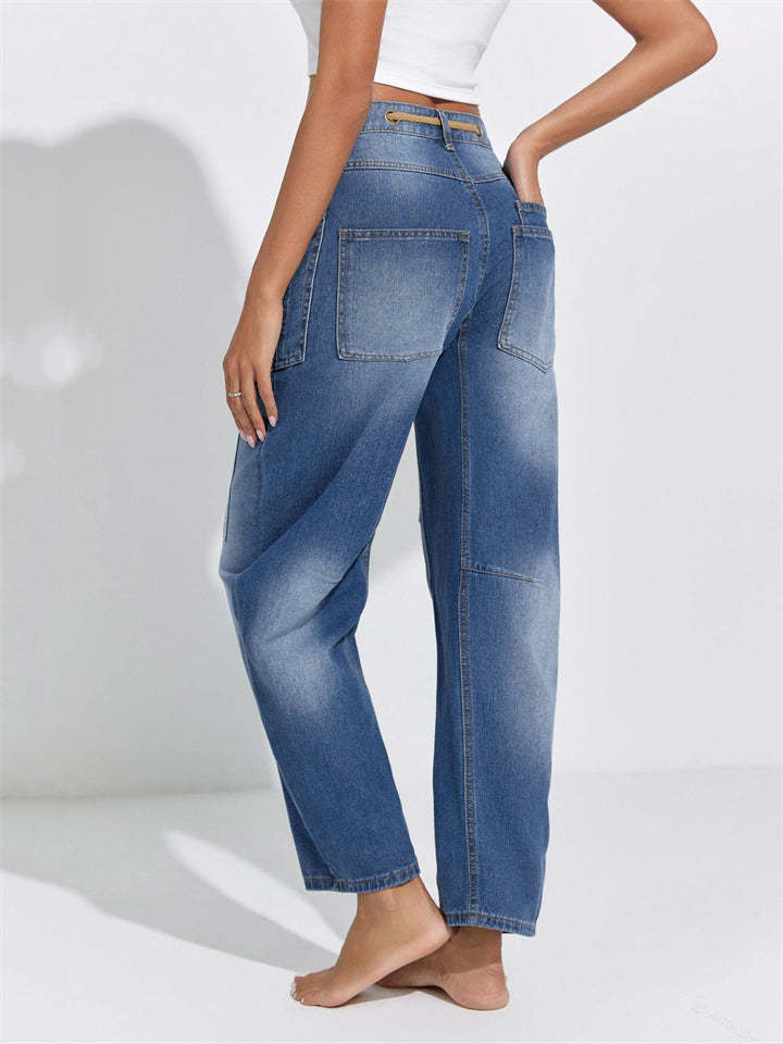 Women's Trendy Knee Patch High Waist Lace Up Staight Jeans