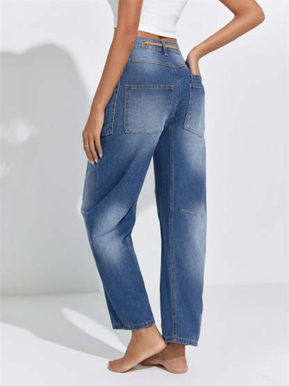 Women's Trendy Knee Patch High Waist Lace Up Staight Jeans