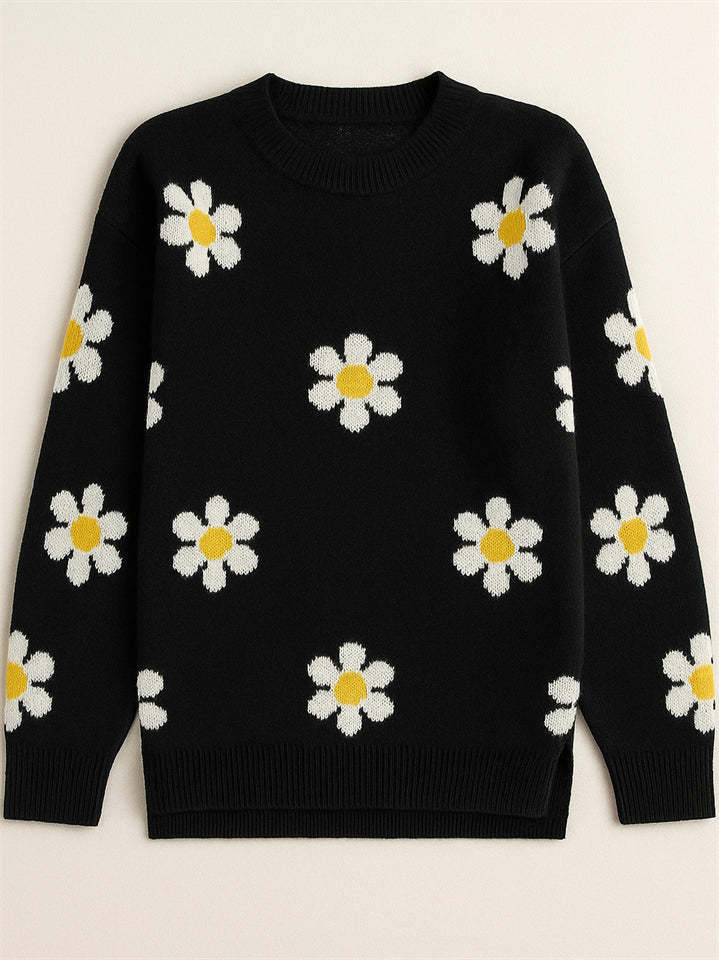 Women's Trendy Floral Printed Round Neck Puff Sleeve Sweaters