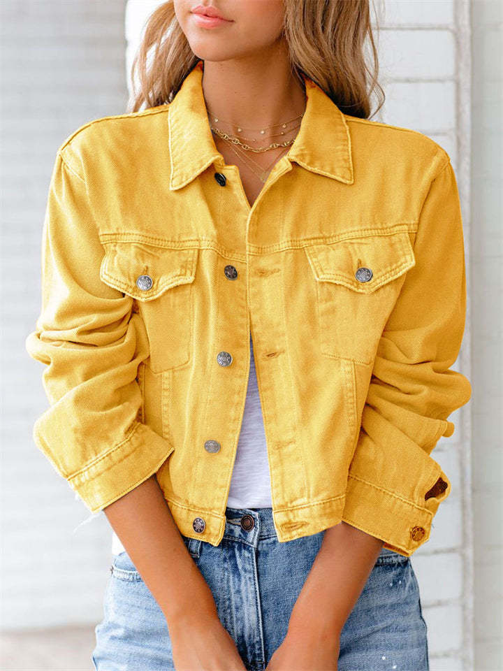 Women's Elegant Chest Pocket Candy Color Lapel Short Denim Jackets