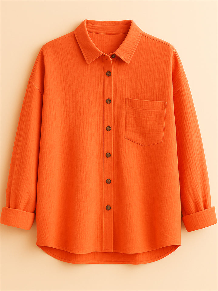 Women's Caual Candy Color Texture Button Up Long Sleeve Blouse