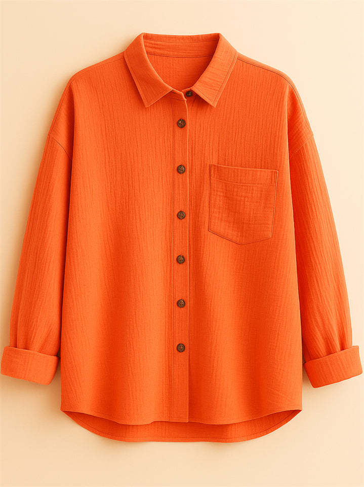 Women's Caual Candy Color Texture Button Up Long Sleeve Blouse