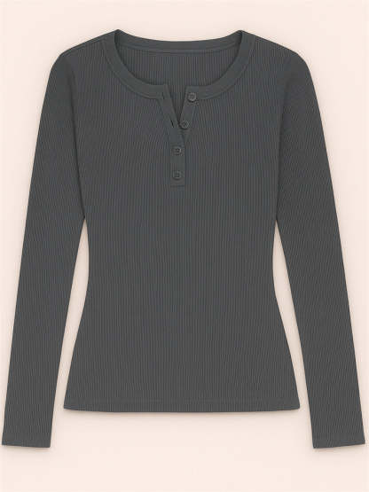 Solid Color Striped Buttons Pullover Slim-fit Long Sleeve Shirts for Women