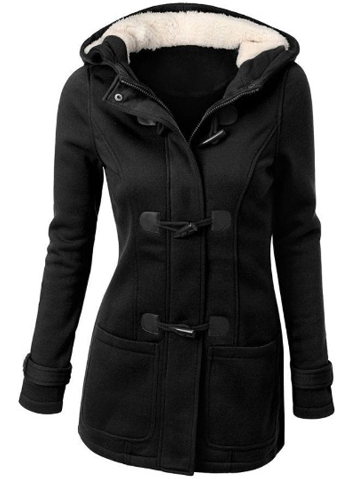 Women's Retro Fleeced Solid Color Horn Buckle Hooded Jackets