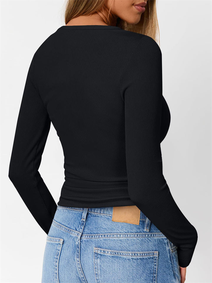 Solid Color Striped Buttons Pullover Slim-fit Long Sleeve Shirts for Women