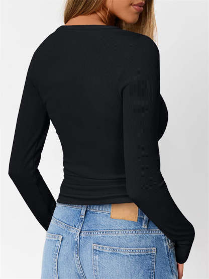 Solid Color Striped Buttons Pullover Slim-fit Long Sleeve Shirts for Women