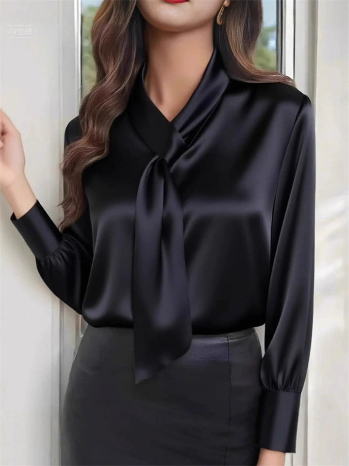 Ladies' Elegant Satin Solid Color Lace Up Long Sleeve Blouses