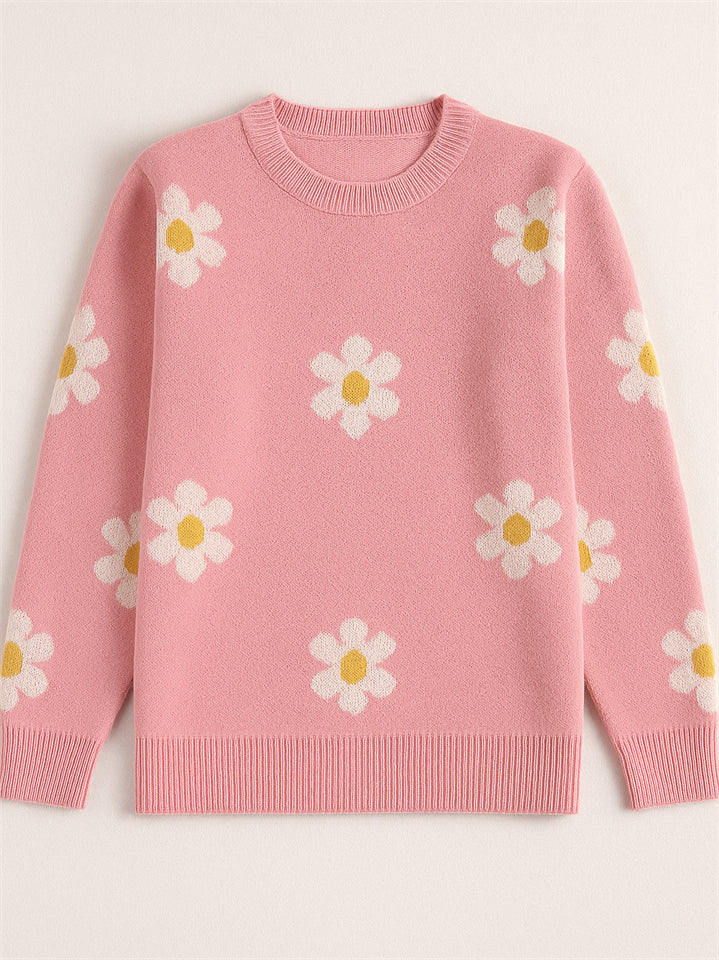 Women's Trendy Floral Printed Round Neck Puff Sleeve Sweaters