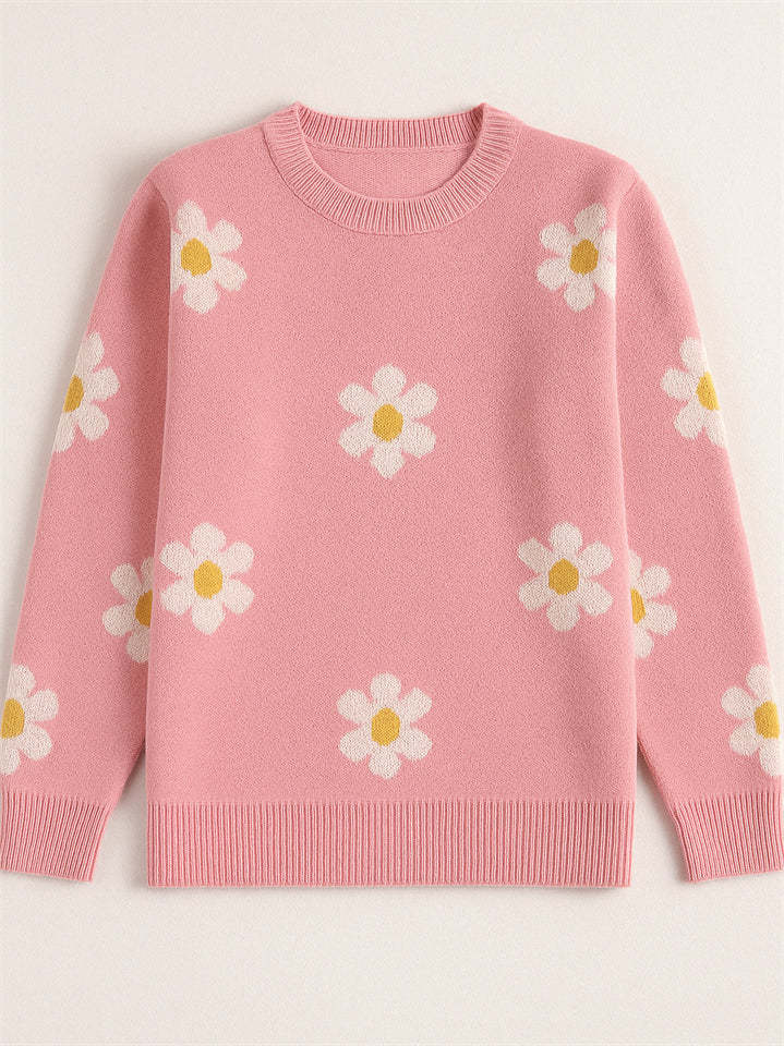 Women's Trendy Floral Printed Round Neck Puff Sleeve Sweaters