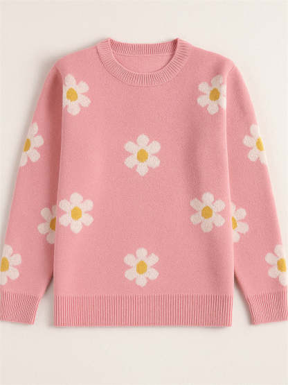 Women's Trendy Floral Printed Round Neck Puff Sleeve Sweaters