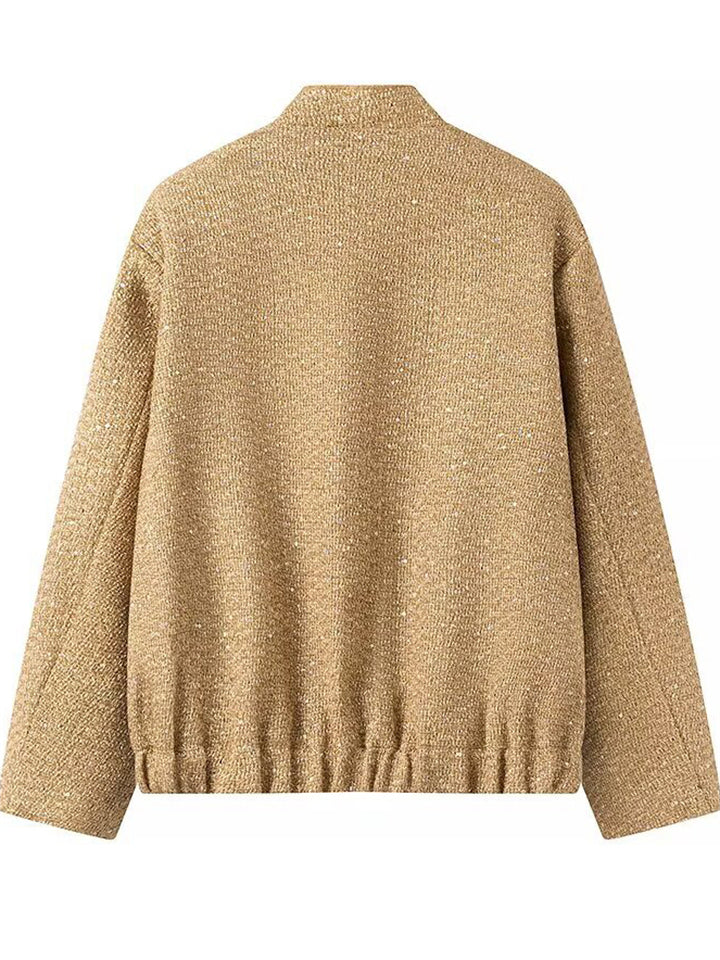 Trendy Bling Sequined Button Up Stand Collar Coat with Pockets